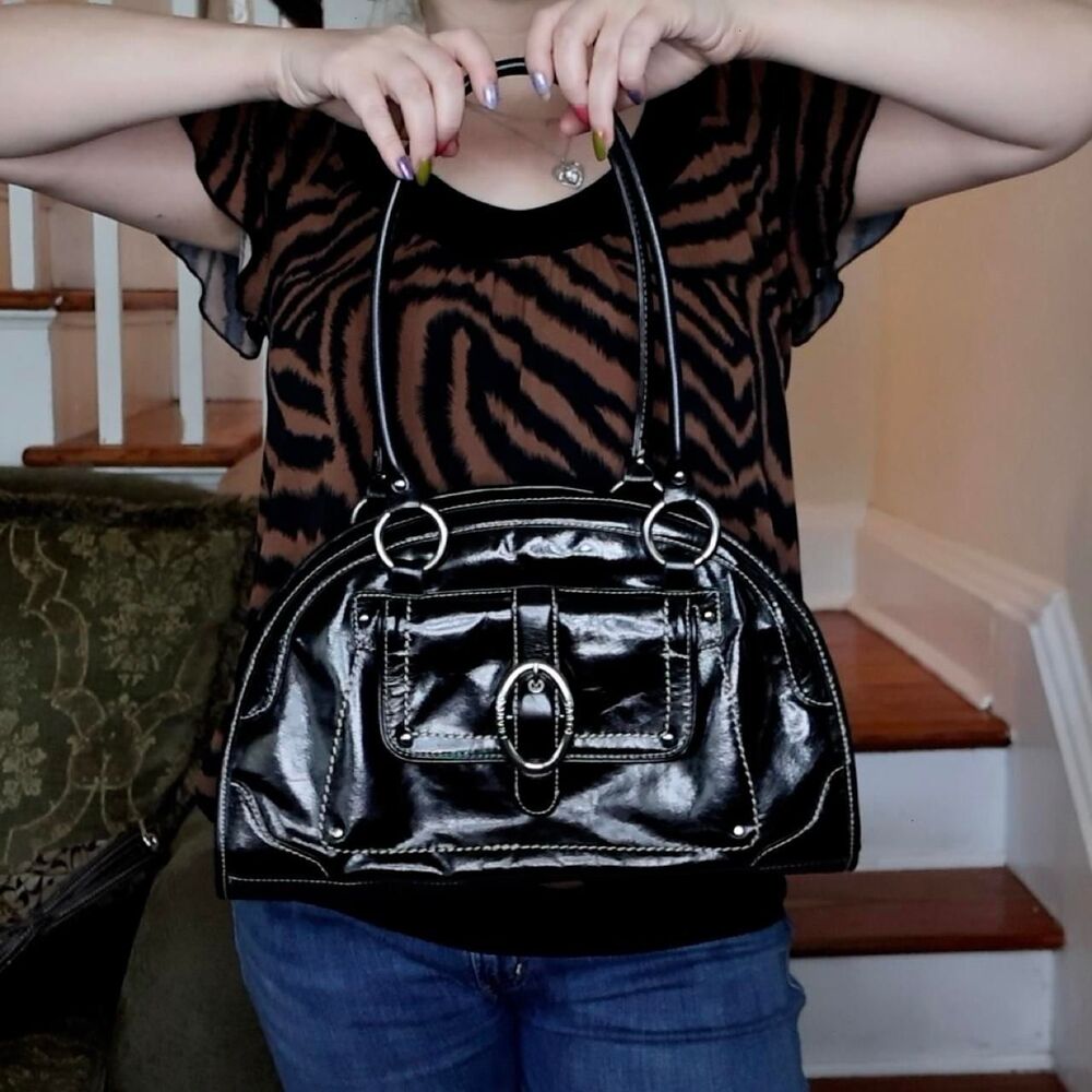 Franco Sarto Black Bowler Bag Y2K Contrast Stitching Silver Hardware Shoulder